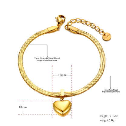 18K Gold Plated Heart Charm Bracelets for Women Girls Stainless Steel Snake Chain Bracelet Jewelry Pulseras Mujer B22090