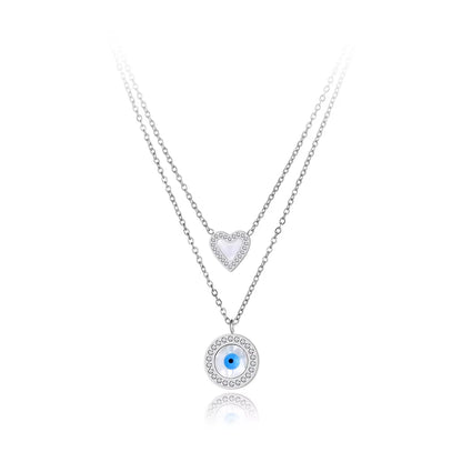 Titanium Stainless Steel Pendant Necklace Fashion Double Layer Heart Turkey Eye Charm Choker Necklace for Women N22062