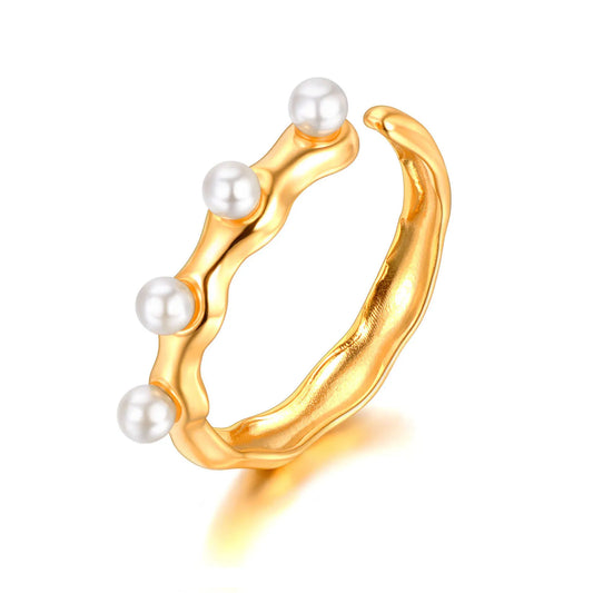 Fashion White Simulated Pearl Open Rings Jewelry for Women Girl Stainless Steel Bohemia Party Ring Женские Кольца R22032